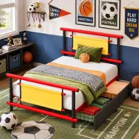 Flieks Kinderbett 90x200cm mit Schubladen, Stauraumbett Metallbett mit Lattenrost, Jugendbett Einzelbett mit Kopfteil, Rot