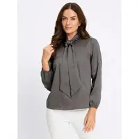 HEINE Langarmbluse , Damen, Gr. 48, grau, 100% Polyester, unifarben, Rundhals, Blusen Langarmbluse