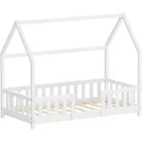 ML-Design Kinderbett 80x160cm mit Rausfallschutz, Dach & Lattenrost Weiß Montessori Bodenbett aus massivem Kiefernholz Hausbett für Mädchen & Jungen