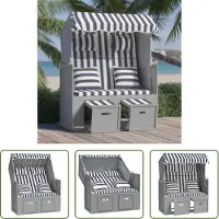 The Living Store Strandkorb mit Kissen Poly Rattan und Massivholz Blau & Weiß