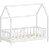 ML-Design Kinderbett 70x140cm mit Rausfallschutz, Dach & Lattenrost Weiß Montessori Bodenbett aus massivem Kiefernholz Hausbett für Mädchen & Jungen