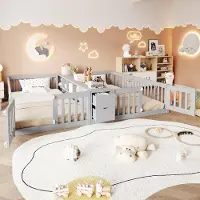 MODFU Tagesbett 90 x 200 mit zwei Bett,Kinderbett mit Hohe Seitengitter,Bettgestell mit offenes Mittelregal und zwei Schubladen,Grau (ohne Matratze)