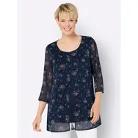 Sieh an! Klassische Bluse SIEH AN "Longbluse Longbluse im Lagenlook mit Chiffon", Damen, Gr. 54, marine, pink, bedruckt, Chiffon, Jersey, , Basic, Rundhals, Blusen Klassische Bluse