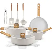 Nutrichef Keramik Kochgeschirr Set – Töpfe und Pfannen, 14-teilig für Induktion mit Antihaftbeschichtung, Beige