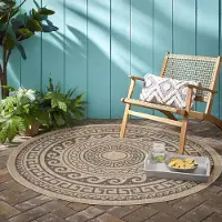 Ayyildiz Hali Ayyildiz Outdoor- und Terrassenteppiche Schwarz 200 cm rund Teppich, Vintage-Design, geeignet für Terrasse, Balkon oder Küche, mit Polypropylen-Rückseite