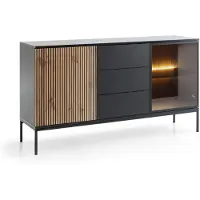 Stylmeble24 Kommode SENSO PS 154x83x39 cm Eiche Votan / Schwarz mit 3 Schubladen, LED-Beleuchtung und Glasvitrine