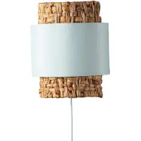 Alpinaluz Wandleuchte mit Rattan- und helltürkisfarbenem Textilschirm, mit Kabel, Stecker und Schalter – Natürlicher Boho-Stil, E27-Fassung „VÉLA“
