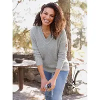 Casual Looks V-Ausschnitt-Pullover "V-Ausschnitt-Pullover", Damen, Gr. 36, grau (steingrau, ecru, meliert), 50% Baumwolle, 50% Polyacryl, unifarben, Pullover V-Ausschnitt-Pullover