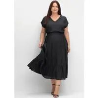 Sheego Maxikleid "Maxikleid Maxikleid mit Smokbund und Volant am Saum", Damen, Gr. 46, Normalgrößen, schwarz, Modisch, V-Ausschnitt, Kleider Maxikleid, mit Smokbund und Volant am Saum