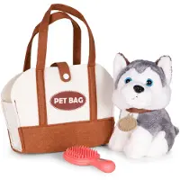 MULTISTORE Plüschhündchen in der Handtasche Husky Spielzeug für Kinder + Pflegebürste