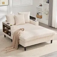 OKWISH Schlafsofa Sofastuhl mit LED-Beleuchtung,USB-Ladeport,1-Sitzer-Sofa mit Getränkehalter und Seitentasche,Stauraum,Multifunktionssofa,Beige
