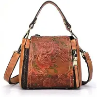 Tollzwood Echtleder Handtasche Element Kaffeeton mit geprägtem Blumenmuster und Reißverschluss