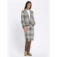 HEINE Strickjacke "Long-Strickjacke Longstrickjacke mit Fransen", Damen, Gr. 38, grau (ecru, sesam, gemustert), Jacquard, , Modisch, V-Ausschnitt, Strickjacken Strickjacke