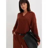 Inspirationen Strickpullover "Polopullover", Damen, Gr. 50, braun (dunkelrot), 100% Polyacryl, unifarben, Pullover Strickpullover