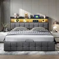 Moonbite 140 x 190 cm großes Stauraumbett in grauem Kunstleder mit RGB-LED-Beleuchtung, Kopfteil mit USB-/Typ-C-Anschlüssen und integriertem Stauraum