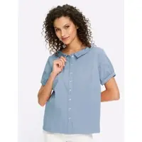HEINE Kurzarmbluse , Damen, Gr. 40, blau (eisblau), 98% Baumwolle, 2% Elasthan, unifarben, Rundhals, Blusen Kurzarmbluse