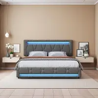 Moonbite Graues Stauraumbett 160x200 cm mit RGB-LED-Beleuchtung, 4 Schubladen, Leinenbezug, verstellbarem Kopfteil, Licht per Fernbedienung und App steuerbar