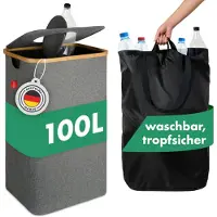 Blumtal Pflandflaschen Sammelbehälter 100L - Bambus Pfandflaschen Organizer mit Pfandflaschen Tasche - Pfandflaschen Sammler in Grau