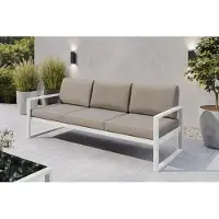 Margaret Hadas24 Gartensofa 3 Sitzer Outdoor Madera Lounge Couch Terrasse wetterfest Balkonmöbel Sitzbank mit Lehne, Gartenmöbel weiß, graubeige