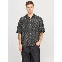 Jack & Jones Kurzarmhemd "JORMARSHALL ISLINGTON AOP SHIRT SS SN", Herren, Gr. M, N-Gr, schwarz, Web, Obermaterial: 85% Viskose, 15% Nylon, gemustert, weit normal, Hemden Kurzarmhemd