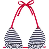 s.Oliver Triangel-Bikini-Top "Elain", Damen, Gr. 44, Cup C/D, blau (marine, weiß), Recycling-Polyamid, geringelt, Bikini-Oberteile Triangel-Bikini-Top, mit kontrastfarbigen Zierringen