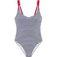 s.Oliver Badeanzug "Elain", Damen, Gr. 42, Cup E, schwarz-weiß (marine, weiß), Recycling-Polyamid, geringelt, Badeanzüge Badeanzug, mit kontrastfarbigen Zierringen