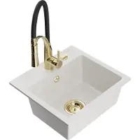 Mexen Milo 1-Becken-Granit-Spüle mit Mischbatterie Aster, Weiß - 6505-20-73450-57-G