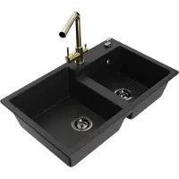 Mexen Tomas 2-Becken-Granitspüle mit Mischbatterie Duero, Schwarz - 6516-77-671600-50-B
