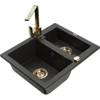 Mexen Carlos 1,5-Becken-Granitspüle mit Mischbatterie Rita, Schwarz/Gold metallisch - 6518-75-670300-50