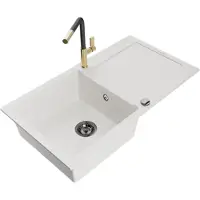 Mexen Leo 1 Becken-Granitspüle mit Abtropffläche und Mischbatterie Flora, Weiß - 6501-20-670401-57-B