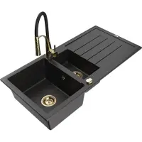 Mexen Andres 1,5-Becken-Granitspüle mit Abtropffläche und Mischbatterie Aster, Schwarz/Silber - 6515-73-73450-57-G