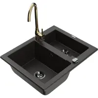 Mexen Carlos 1,5-Becken-Granitspüle mit Mischbatterie Telma, Schwarz/Gold metallisch - 6518-75-670200-50-B