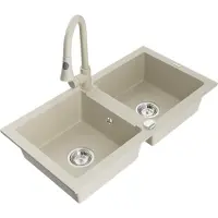 Mexen Mario 2-Becken-Granitspüle mit Mischbatterie Elia, Beige - 6504-69-670101-69