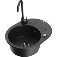 Mexen Kevin 1 Becken-Granitspüle mit Abtropffläche und Mischbatterie Telma, Schwarz/Silbermetallic - 6517-73-670200-70-B