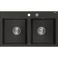 Mexen Hektor Granitspüle 2-Kammer 800 x 480 mm, schwarz/gold metallic, Chrom-Siphon - 6521802000-75