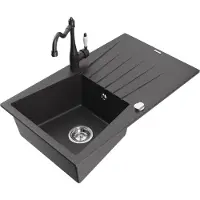 Mexen Cesar 1 Becken-Granitspüle mit Abtropffläche und Mischbatterie Carla, Schwarz gesprenkelt - 6514-76-670700-76