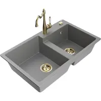 Mexen Tomas 2-Becken-Granitspüle mit Mischbatterie Carla, Grau - 6516-71-670700-50