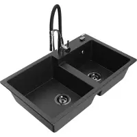 Mexen Tomas 2-Becken-Granitspüle mit Mischbatterie Aster, Schwarz/Silbermetallic - 6516-73-73450-07-B