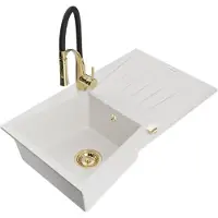 Mexen Cesar 1 Becken-Granitspüle mit Abtropffläche und Mischbatterie Aster, Weiß - 6514-20-73450-57-G