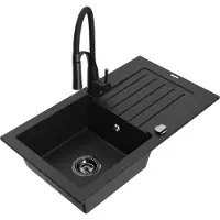 Mexen Pablo 1 Becken-Granitspüle mit Abtropffläche und Mischbatterie Aster, Schwarz - 6510-77-73450-70-B