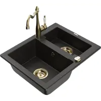 Mexen Carlos 1,5-Becken-Granitspüle mit Mischbatterie Carla, Schwarz/Gold metallisch - 6518-75-670700-50