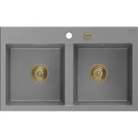 Mexen Hektor Granitspüle, 2-Kammer, 800 x 480 mm, Grau, Siphon Gold - 6521802000-71-G
