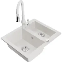 Mexen Carlos 1,5-Becken-Granitspüle mit Mischbatterie Savita, Weiß - 6518-20-672601-20