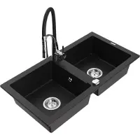 Mexen Mario 2-Becken-Granitspüle mit Mischbatterie Aster, Schwarz - 6504-77-73450-07