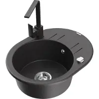 Mexen Kevin 1 Becken-Granitspüle mit Abtropffläche und Mischbatterie Rita, Schwarz gesprenkelt - 6517-76-670300-76