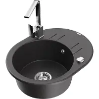 Mexen Kevin 1 Becken-Granitspüle mit Abtropffläche und Mischbatterie Rita, Schwarz gesprenkelt - 6517-76-670300-00
