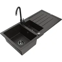 Mexen Andres 1,5-Becken-Granitspüle mit Abtropffläche und Mischbatterie Telma, Schwarz/Gold - 6515-75-670200-70-B