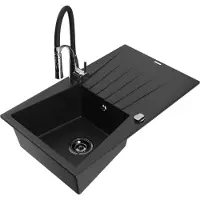 Mexen Cesar 1 Becken-Granitspüle mit Abtropffläche und Mischbatterie Aster, Schwarz - 6514-77-73450-07-B
