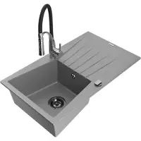 Mexen Cesar 1 Becken-Granitspüle mit Abtropffläche und Mischbatterie Aster, Grau - 6514-71-73450-07-B
