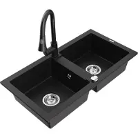 Mexen Mario 2-Becken-Granitspüle mit Mischbatterie Elia, Schwarz - 6504-77-670101-70